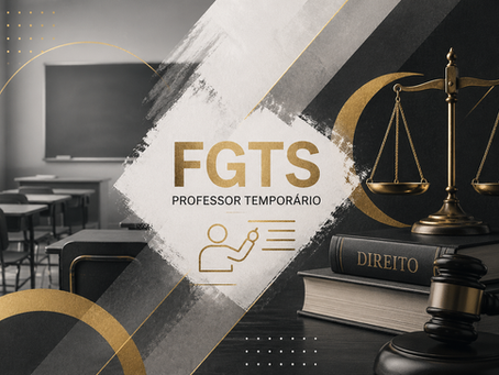 FGTS para professor temporário — sala de aula com balança da Justiça, livro de Direito e martelo, ilustrando o direito ao Fundo de Garantia