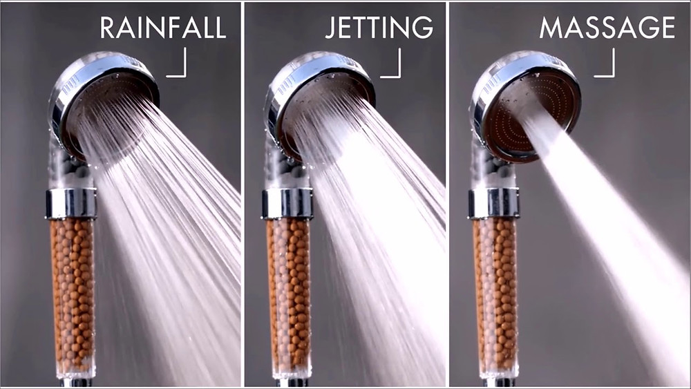 The rainfall, jetting, and massage features of the StoneStream shower head shown side by side