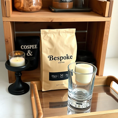 bag of coffee that reads Bespoke. wooden crate, candle, etched glass, serving tray..jpg