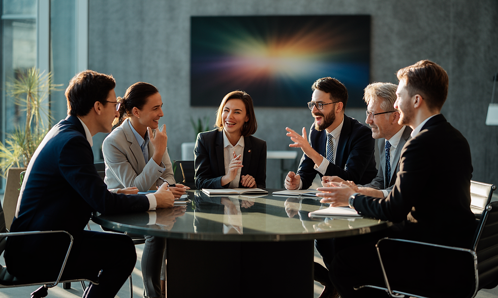Six people in business attire engage in a lively discussion around a conference table. The setting is modern, with a colorful abstract artwork in the background.