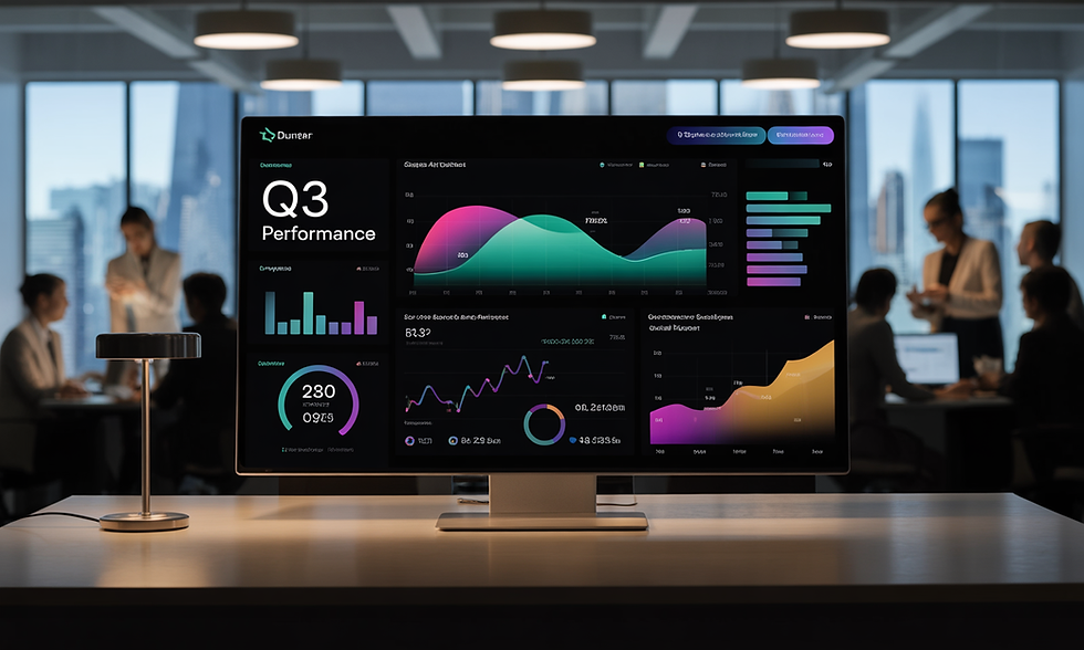Office setting with a monitor displaying colorful Q3 performance charts. People in the background are engaged in a meeting, cityscape visible.