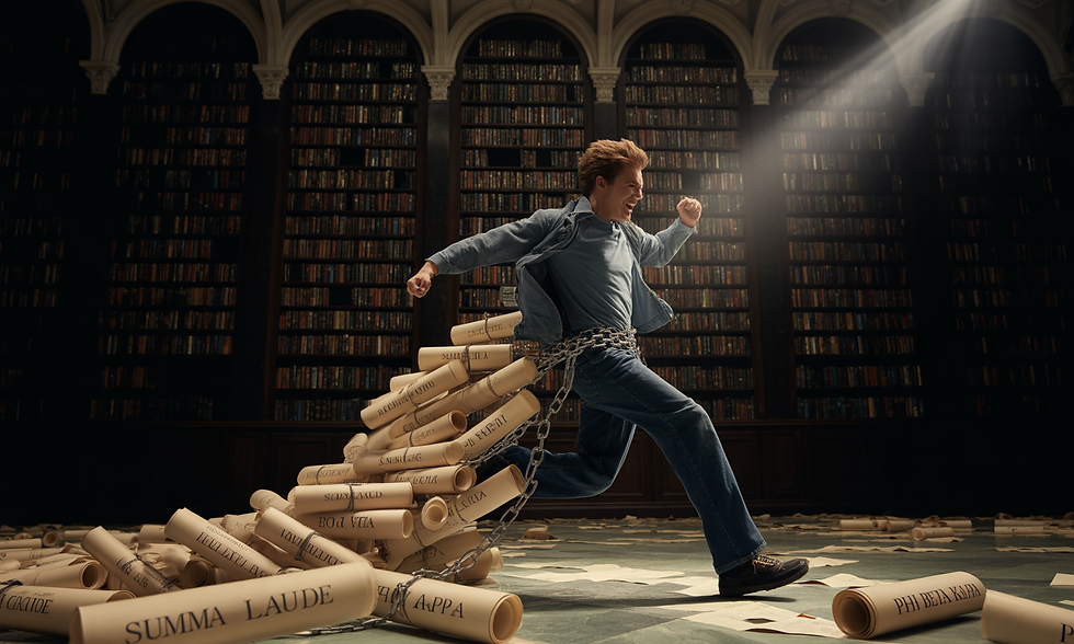 A man in a library runs with chains of diplomas trailing behind. The light highlights "SUMMA LAUDE." The scene shows determination and escape.