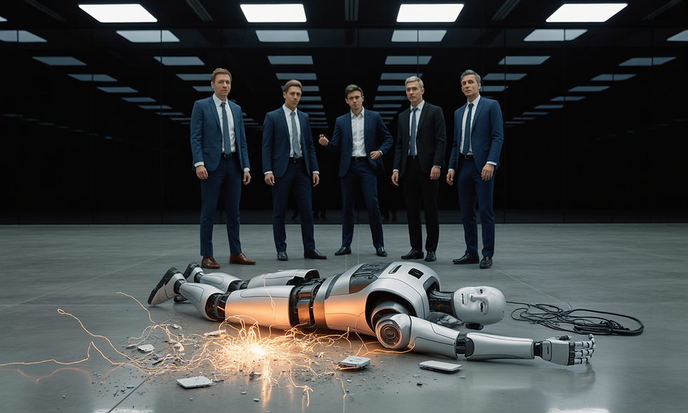 Five men in suits stand in a modern room, observing a fallen robot emitting sparks on a glossy floor. Ceiling lights reflect above.