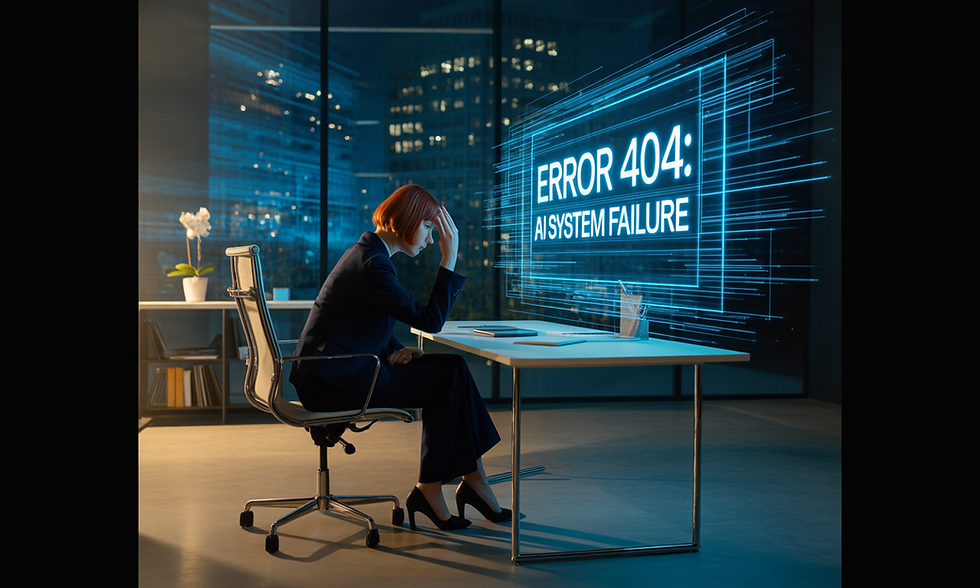 Businesswoman at desk, head in hand, looks at holographic "Error 404: AI System Failure" message. Office setting, city lights outside.