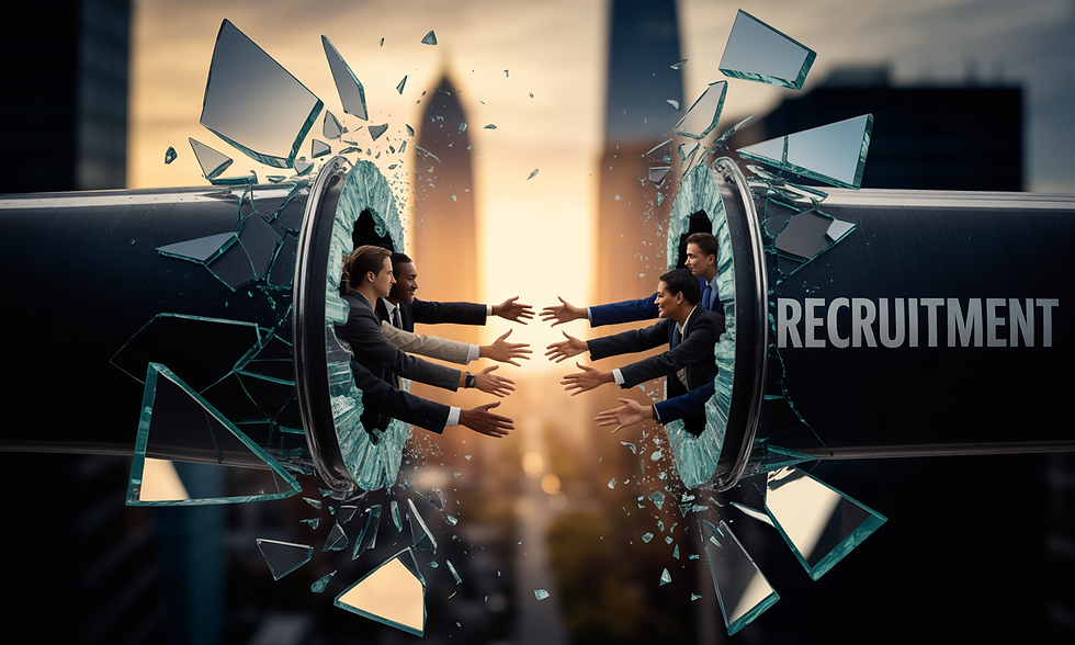 Businesspeople in suits reach from breaking glass tubes labeled "Recruitment" against a cityscape at sunset, symbolizing connection.