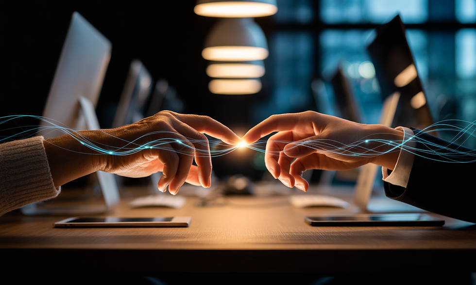 Two hands reaching towards each other across a table, surrounded by glowing blue lines. Dimly lit office with computers in the background.