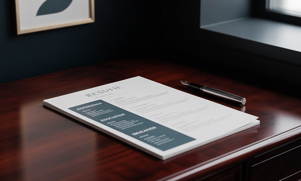 A resume and pen on a polished wooden desk near a window, with a framed leaf print on the wall. The resume has bold section headings.