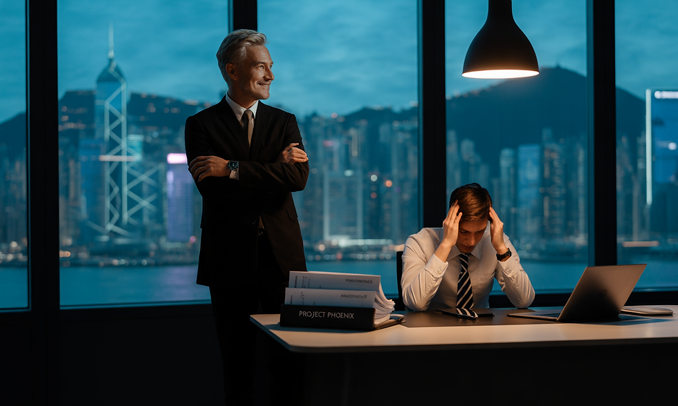 Two businessmen in office with city view. One stands confidently, the other looks stressed at desk with "Project Phoenix" folder, laptop.