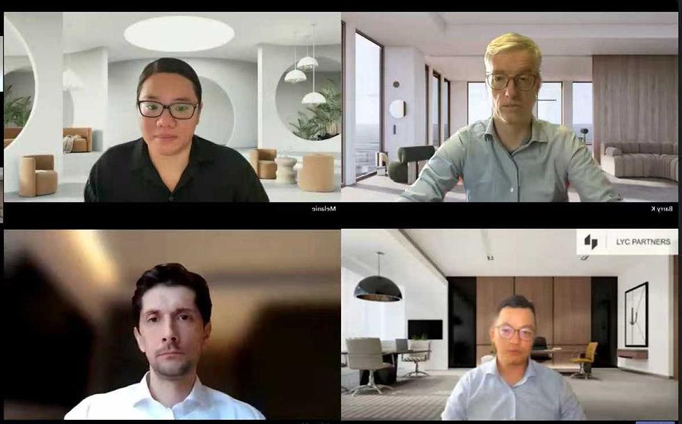 Four people in a video call, each in separate modern virtual offices. Visible text: "LYC PARTNERS," "Melanie," "Barry K." Mood is professional.