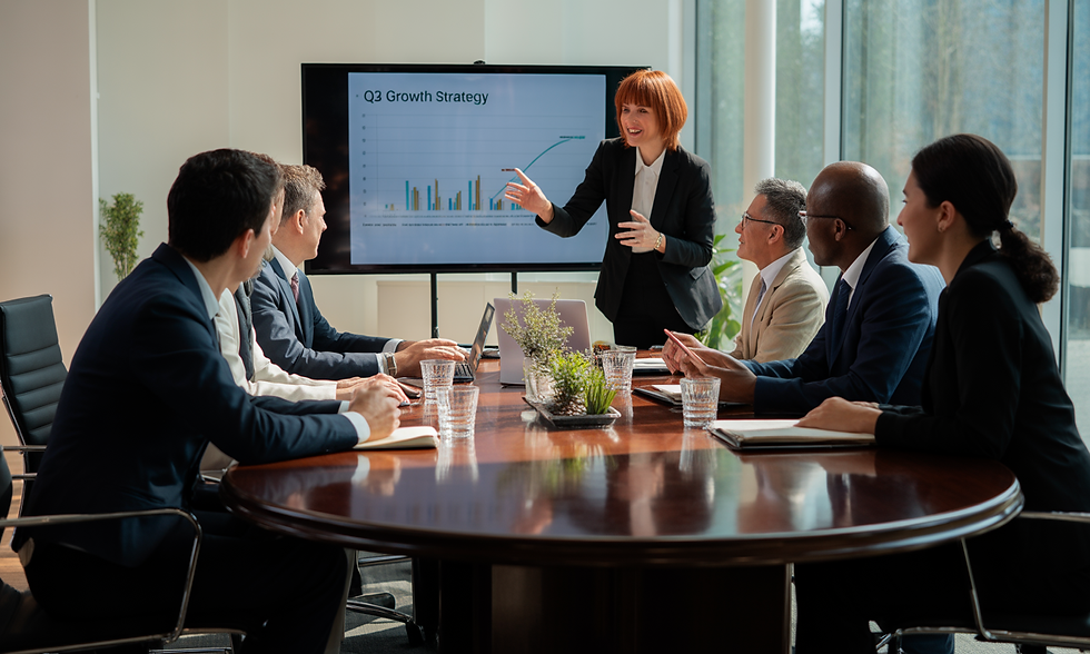 Seven professionals in suits discuss a Q3 growth strategy shown on a screen in a bright conference room, marked by serious and focused expressions.