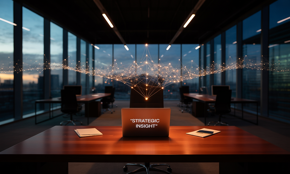 Laptop on a wooden desk in a dim office, displaying "STRATEGIC INSIGHT." Network nodes hover above, cityscape visible through windows.