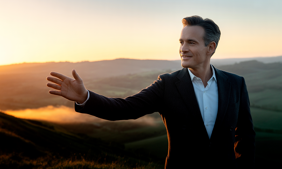 Smiling man in a suit extends hand in greeting against a serene sunset landscape, casting warm light over rolling green hills.