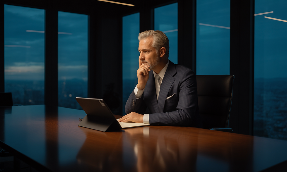 Man in suit ponders at a table, hand on chin, in an office with large windows. A tablet lies in front. Evening light creates a reflective mood.