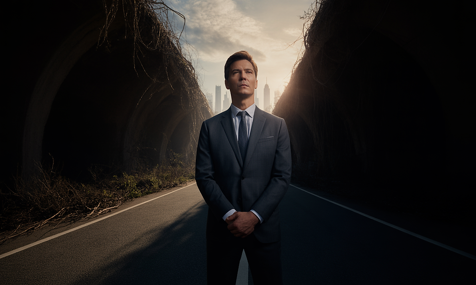Man in a suit stands confidently on a deserted road between urban tunnels, with a city skyline and sunset in the background. Moody atmosphere.