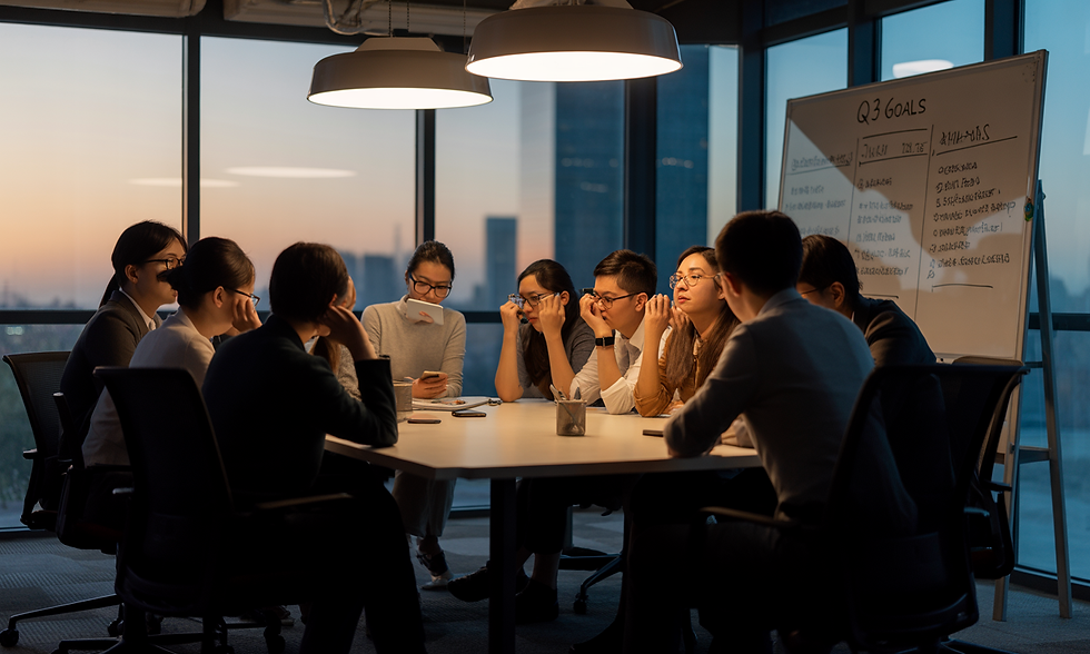 Business meeting with nine people around a table, serious expressions, whiteboard with "Q3 Goals", office setting, sunset view.