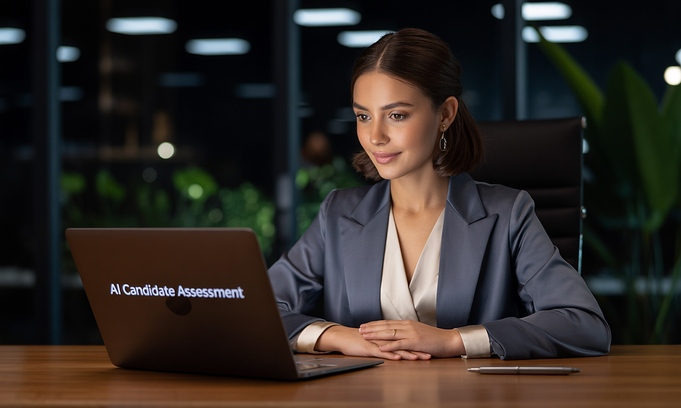 A woman in a blazer sits at a desk, focused on a laptop displaying "AI Candidate Assessment." The setting is a dimly lit office.