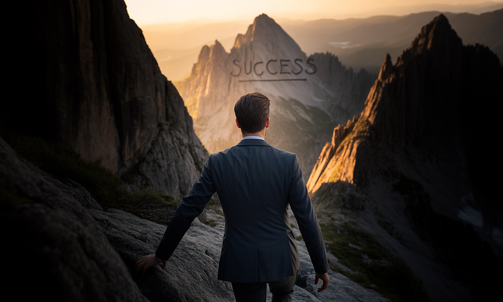 Man in suit stands on mountain ledge at sunset, facing distant peaks with "SUCCESS" written in sky. Emotive, dramatic scene.