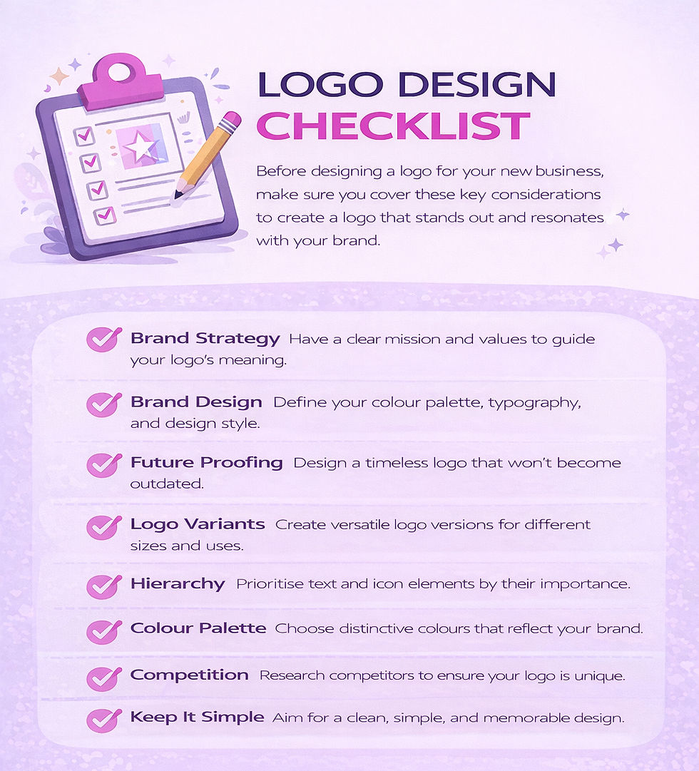 Purple-themed "Logo Design Checklist" with a clipboard and pencil illustration. Contains steps like brand strategy, design, and keeping it simple.