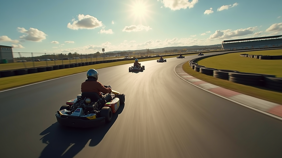 High angle view of a go-kart track with multiple karts racing