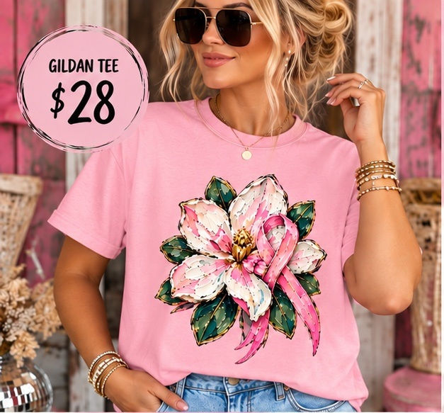 Magnolia Ribbon Pink | Breast Cancer Awareness Graphic Tee & Sweatshirt