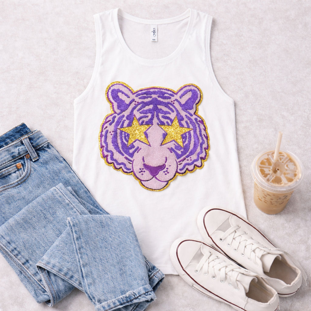 Purple Starry Eye Tiger Chenille Glitter Festival Muscle Tank