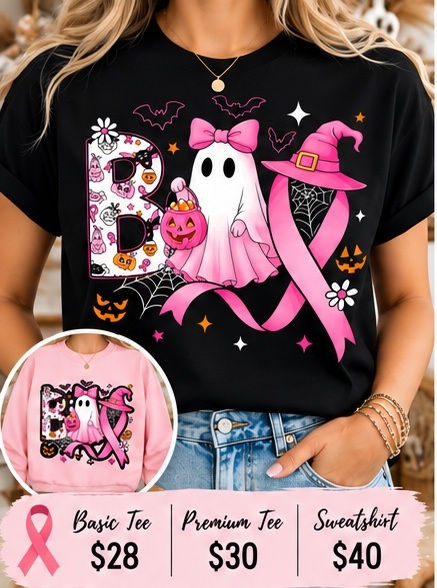 Boo Ghost Ribbon | Breast Cancer Awareness Graphic Tee & Sweatshirt