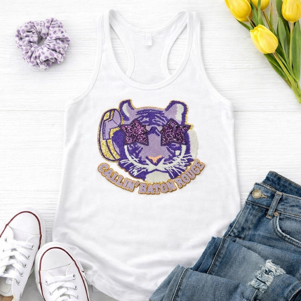 Callin’ Baton Rouge Tiger Chenille Glitter Racerback Tank
