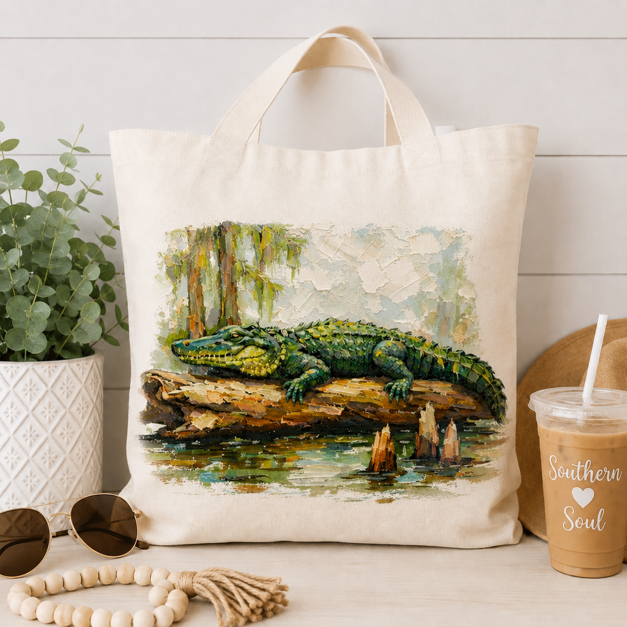 Alligator- Swamp Art Canvas Tote - Louisiana Charm