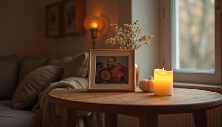 Eye-level view of a peaceful room with a candle and a photo frame on a wooden table