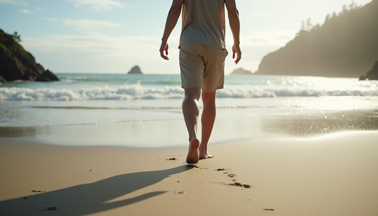 Eye-level view of bare feet walking on sandy beach with gentle waves