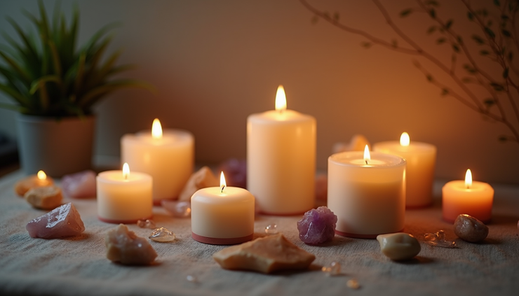Close-up view of a calm meditation space with candles and crystals