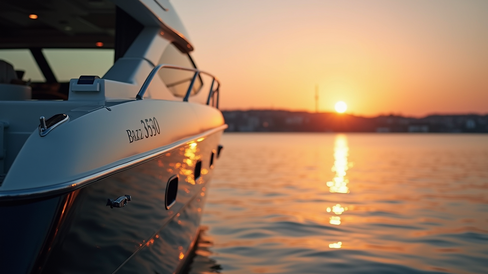 Close-up view of luxury boat docked at sunset with calm water