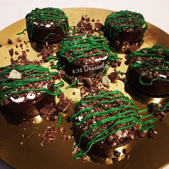 Mint Oreos covered in chocolate, with a