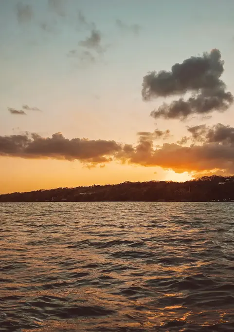 Fotografía de la laguna de Bacalar al atardecer con la selva marcando el horizonte