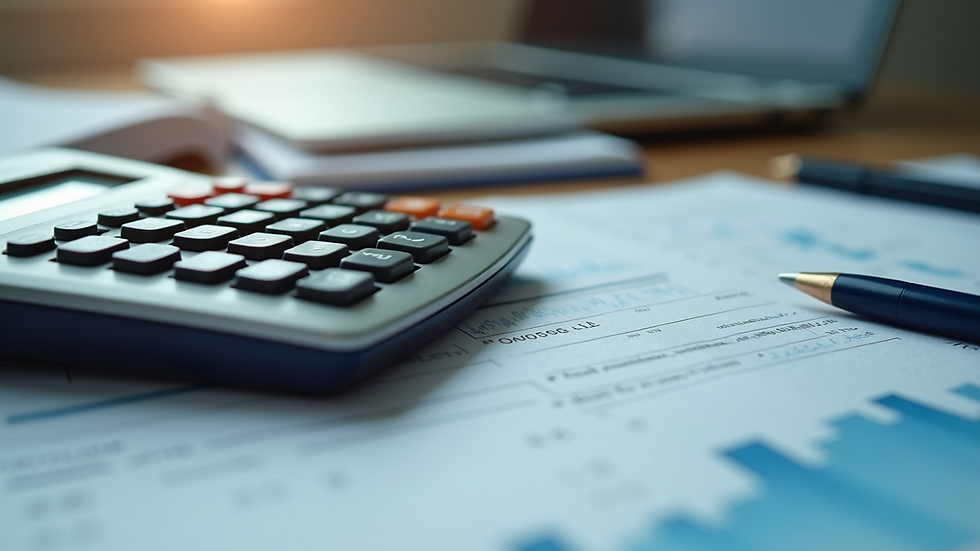 Close-up view of a calculator and financial documents