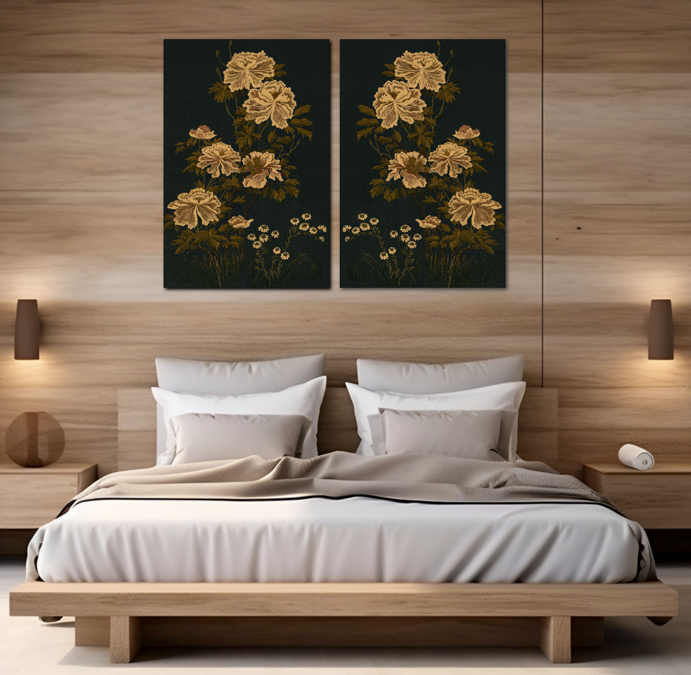 Wall Panel Art Prints, Whispers of Peony in Old Gold