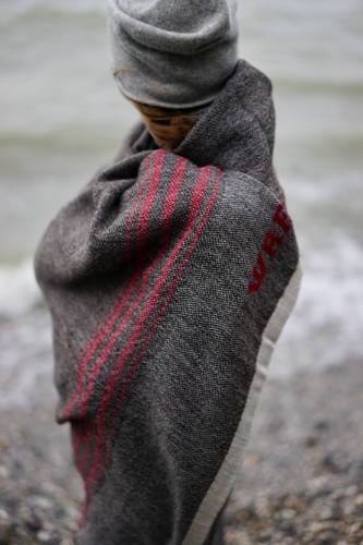 Handwoven Natural Black Luxury Wool Throw Blanket with Cranberry