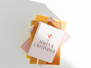 Stack of pastel journals with “The Joyful Optimist” logo on the top notebook, styled in warm neutral tones.
