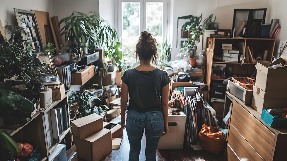 Woman standing in the middle of a cluttered room