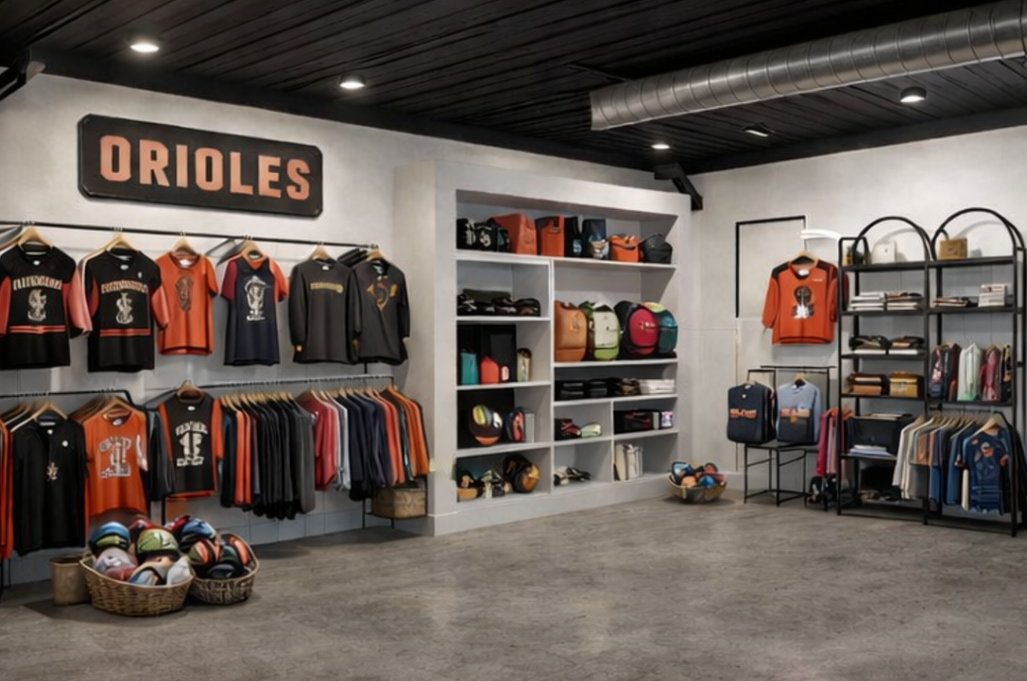 Rendering of store with Orioles clothing