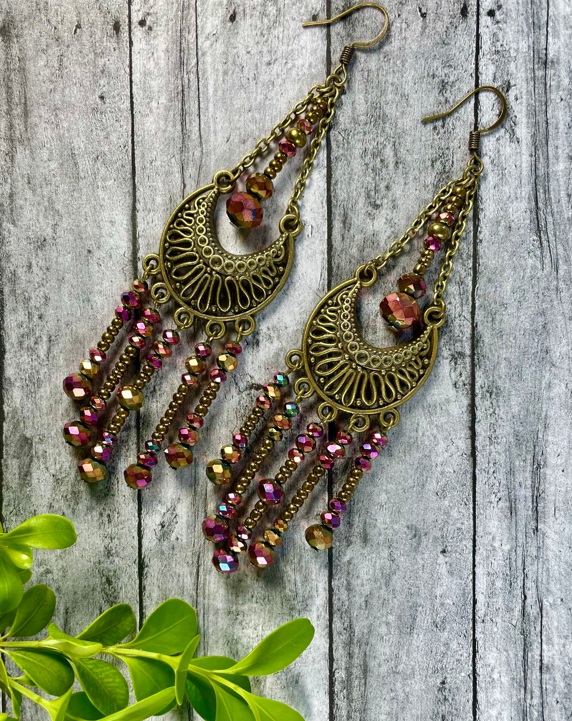 Rainbow Rose and Bronze Chandelier Boho Earrings
