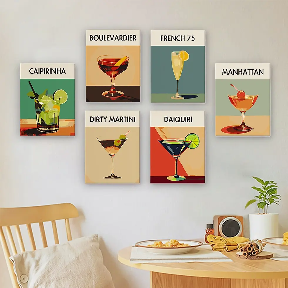 Complete cocktail paint by numbers for adults kit featuring six canvases, paints, and brushes for DIY wall art.