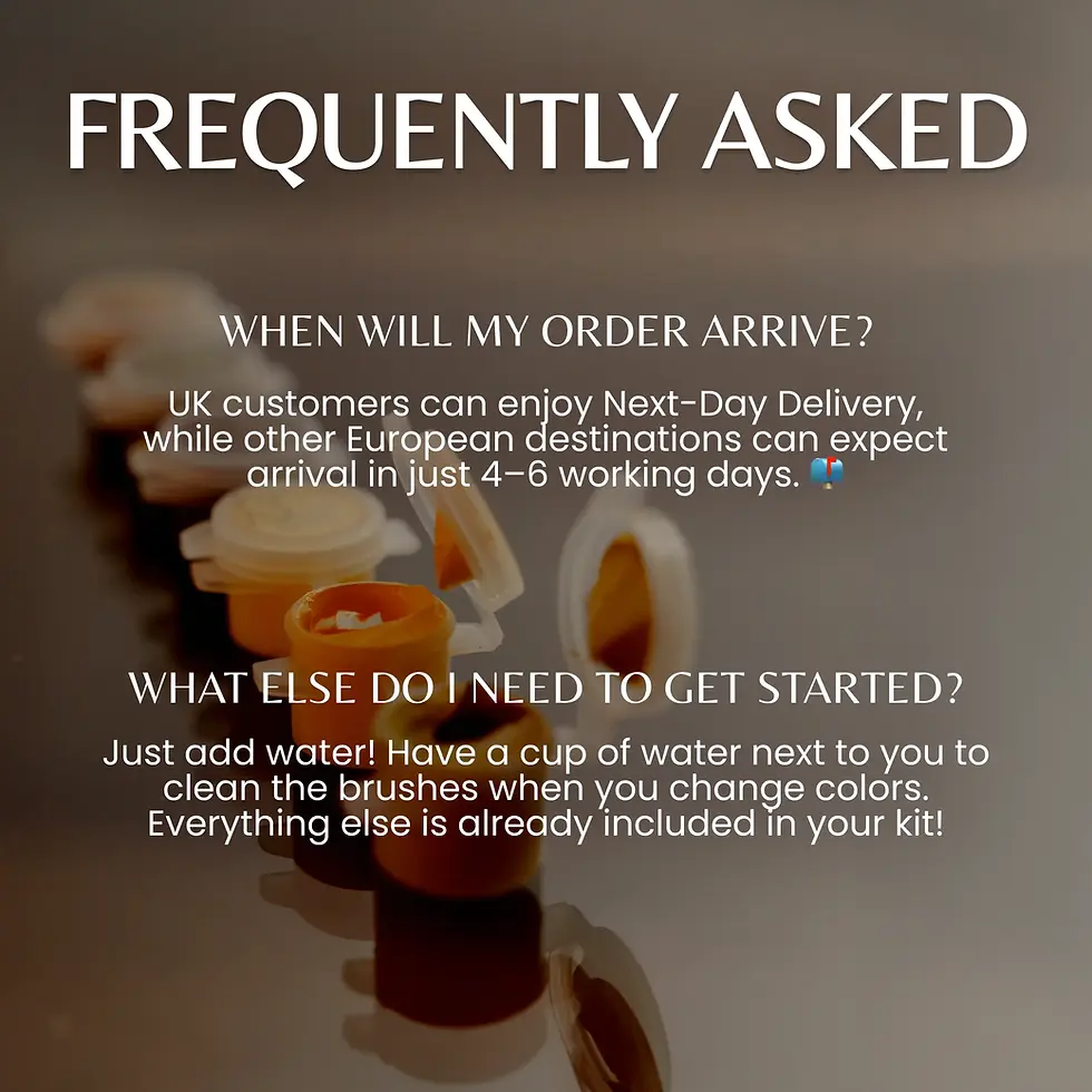 Thumbnail: Frequently asked questions about the paint by numbers kit, including shipping time and required items.