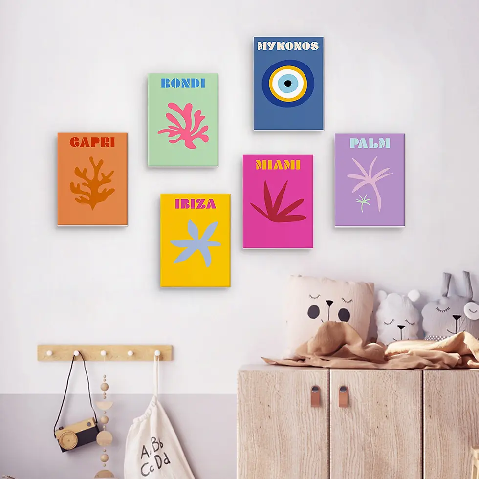 A colorful wall featuring 6 completed destination paint by numbers canvases hung in a nursery.