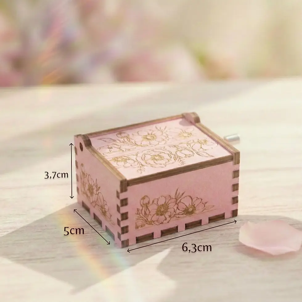 Thumbnail: Product size guide showing the 6.3cm x 5cm x 3.7cm measurements of the wooden music box.