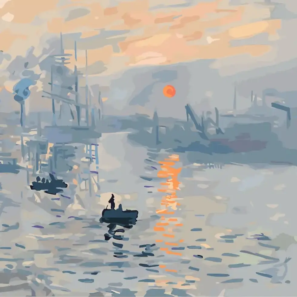 Claude Monet’s 1876 Impressionist oil Impression, sunrise painting of a boat floating on the sea during a glowy red sunrise.