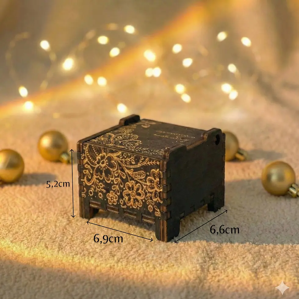 Thumbnail: Guide showing music box measurements: 6.9cm length, 6.6cm width, and 5.2cm height.
