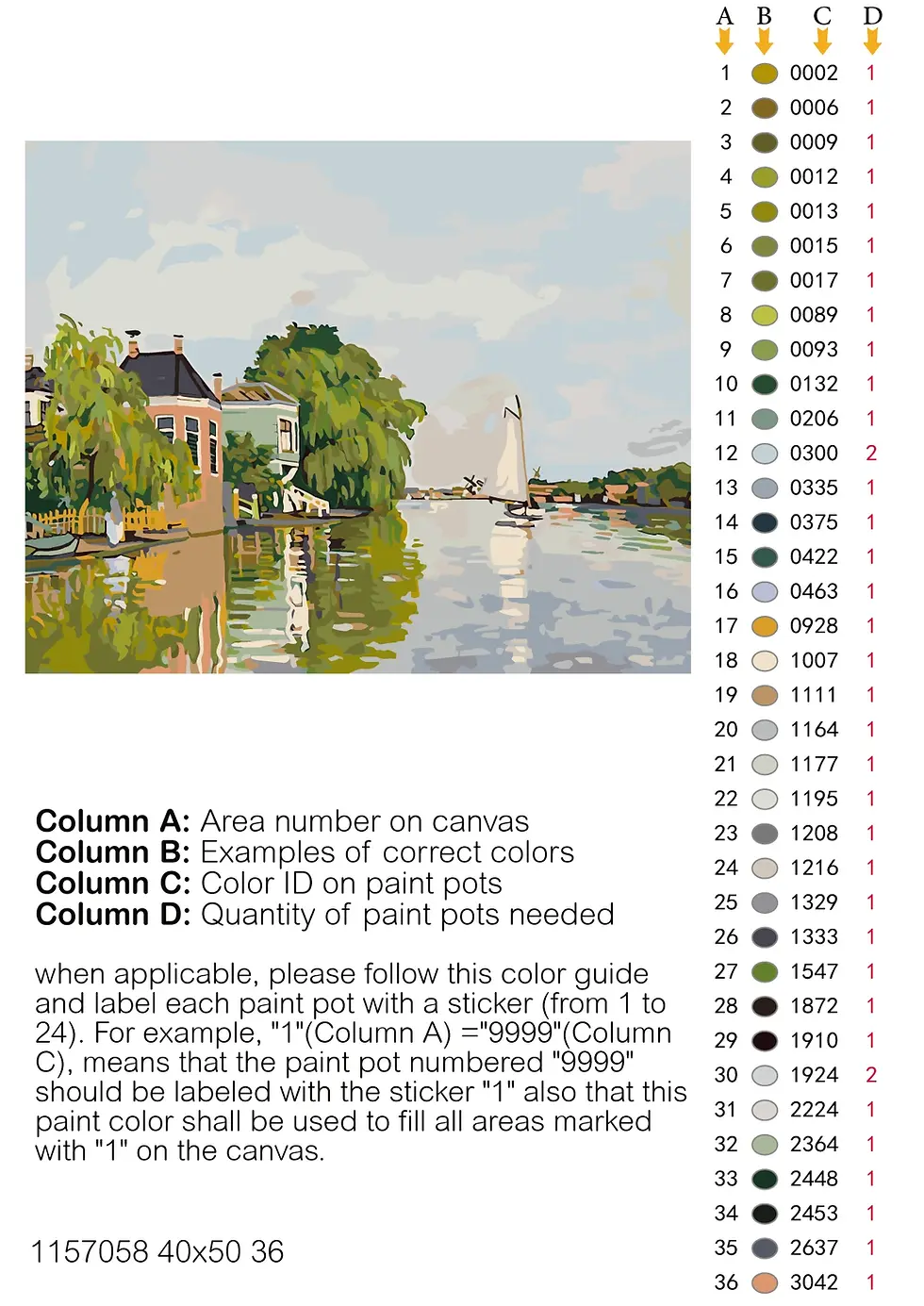 Miniatura: A color-coded paint-by-numbers template of Monet’s Zaandam landscape with an adjacent numbered paint pot legend.