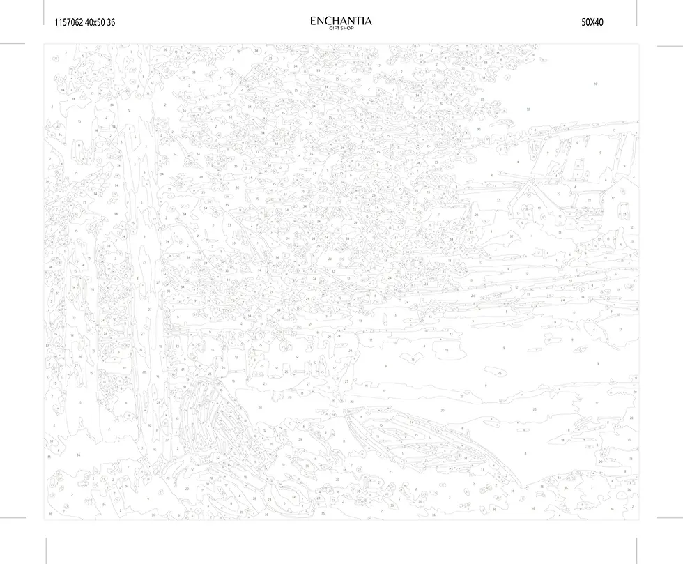 Miniatura: A detailed black-and-white line art outline of the On the Banks of Seine painting on a white canvas.