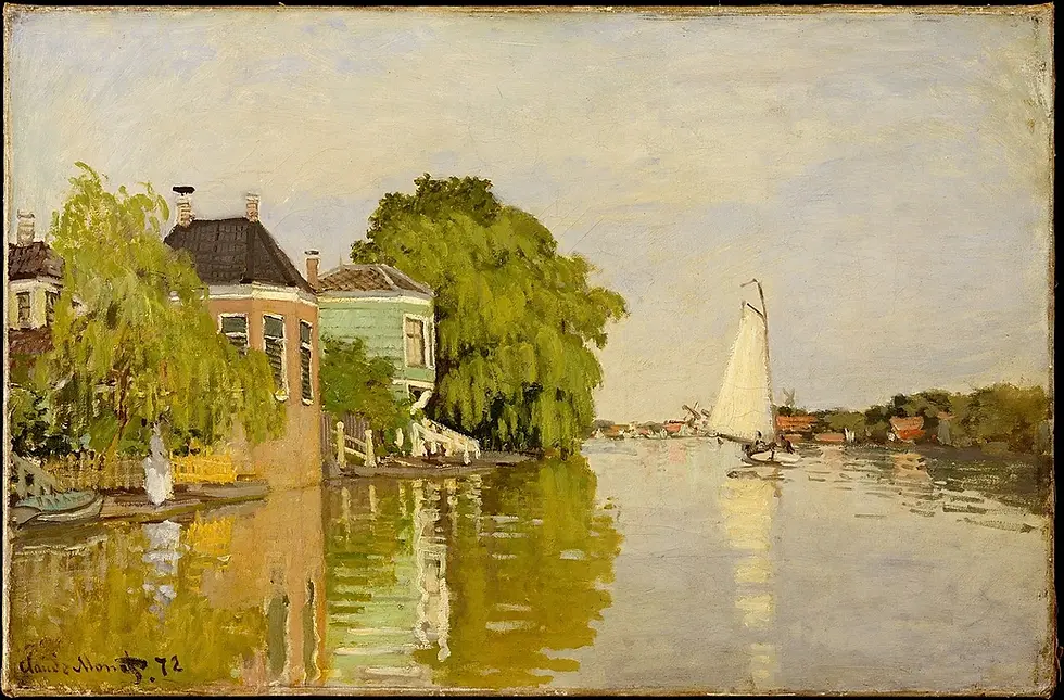 Claude Monet’s 1871 Impressionist oil painting of Dutch houses and a sailboat reflected in the Achterzaan river.